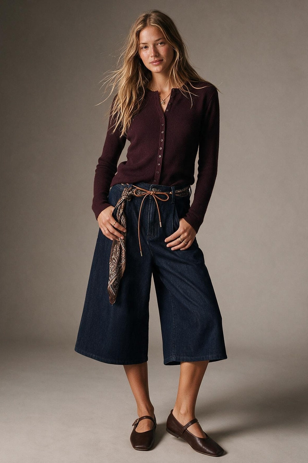 Wide-Leg Mid-Calf Denim Culottes with Tie Belt - trousers