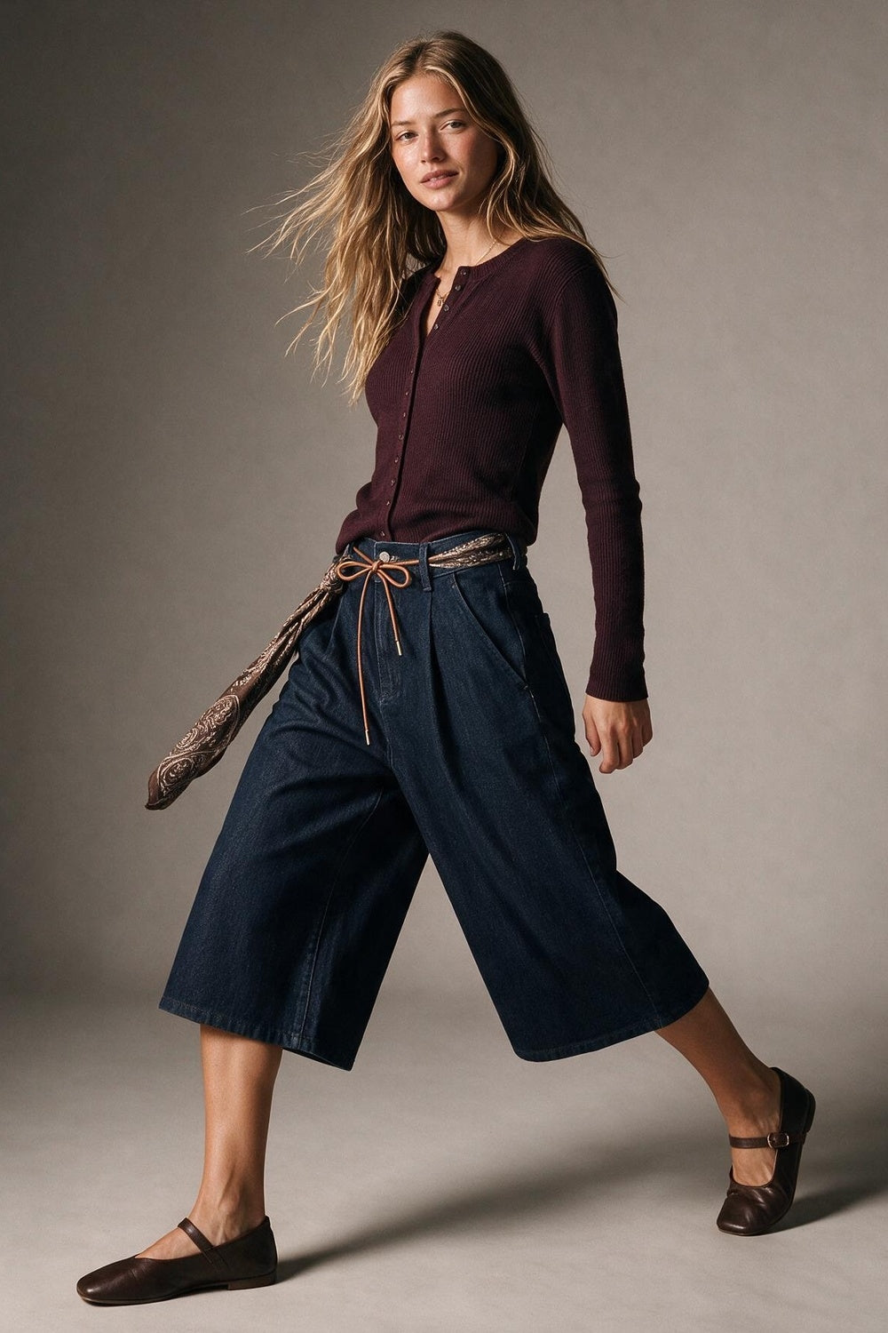 Wide-Leg Mid-Calf Denim Culottes with Tie Belt - trousers