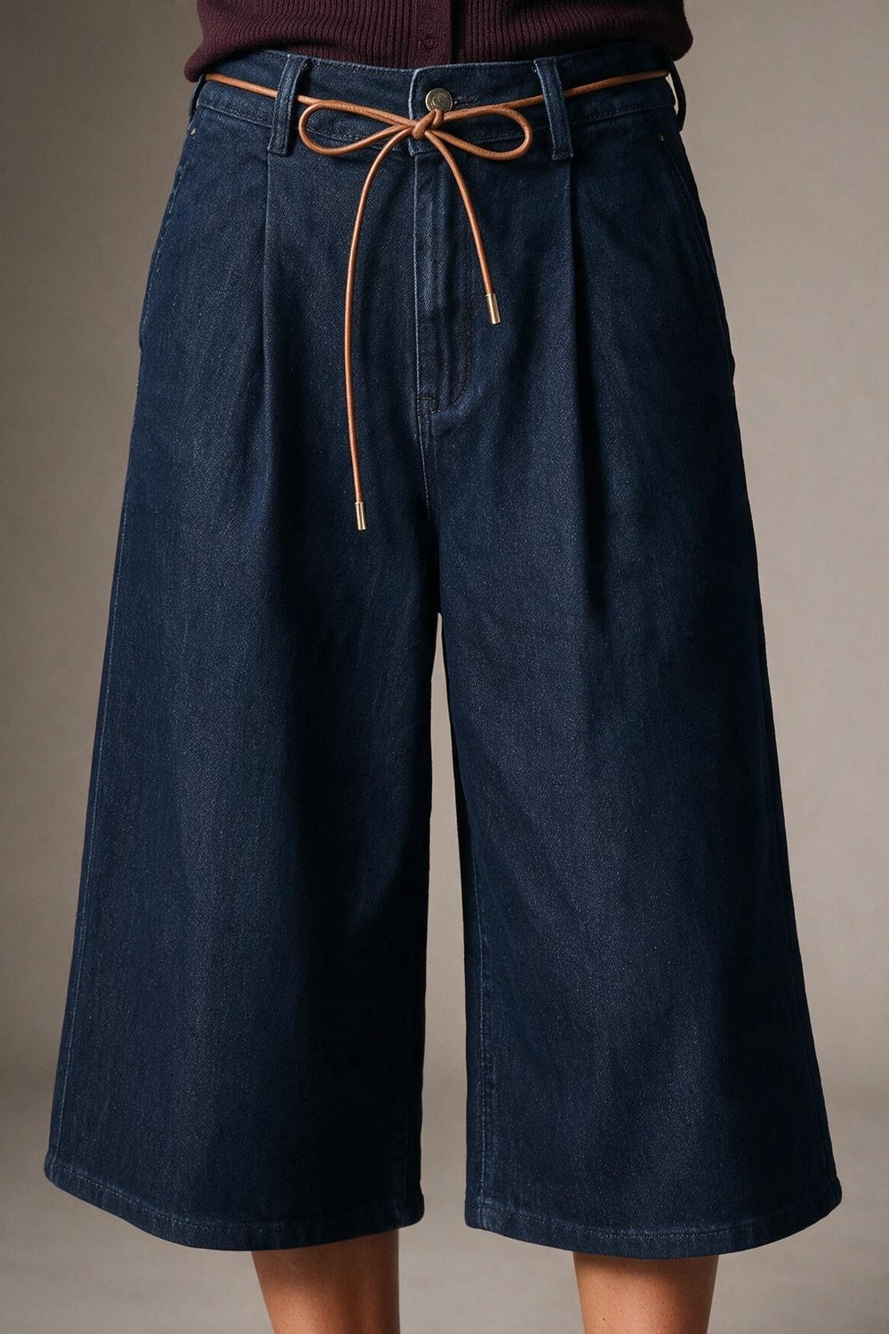 Wide-Leg Mid-Calf Denim Culottes with Tie Belt - trousers