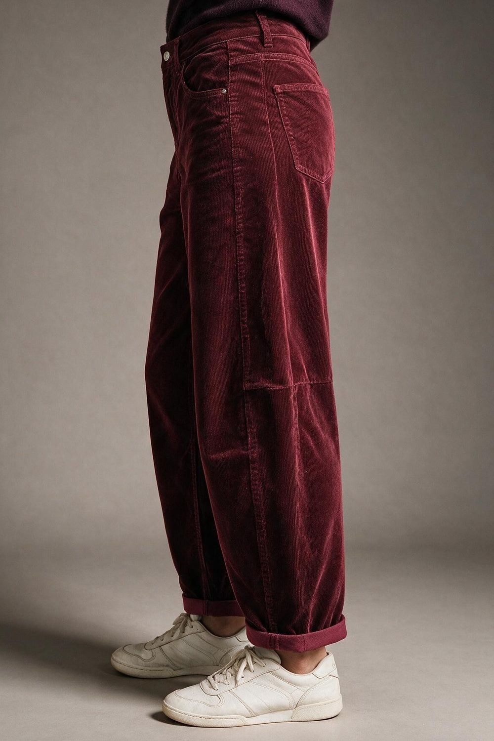 Corduroy High Rise wide Barrell leg Pants in burgundy - trousers