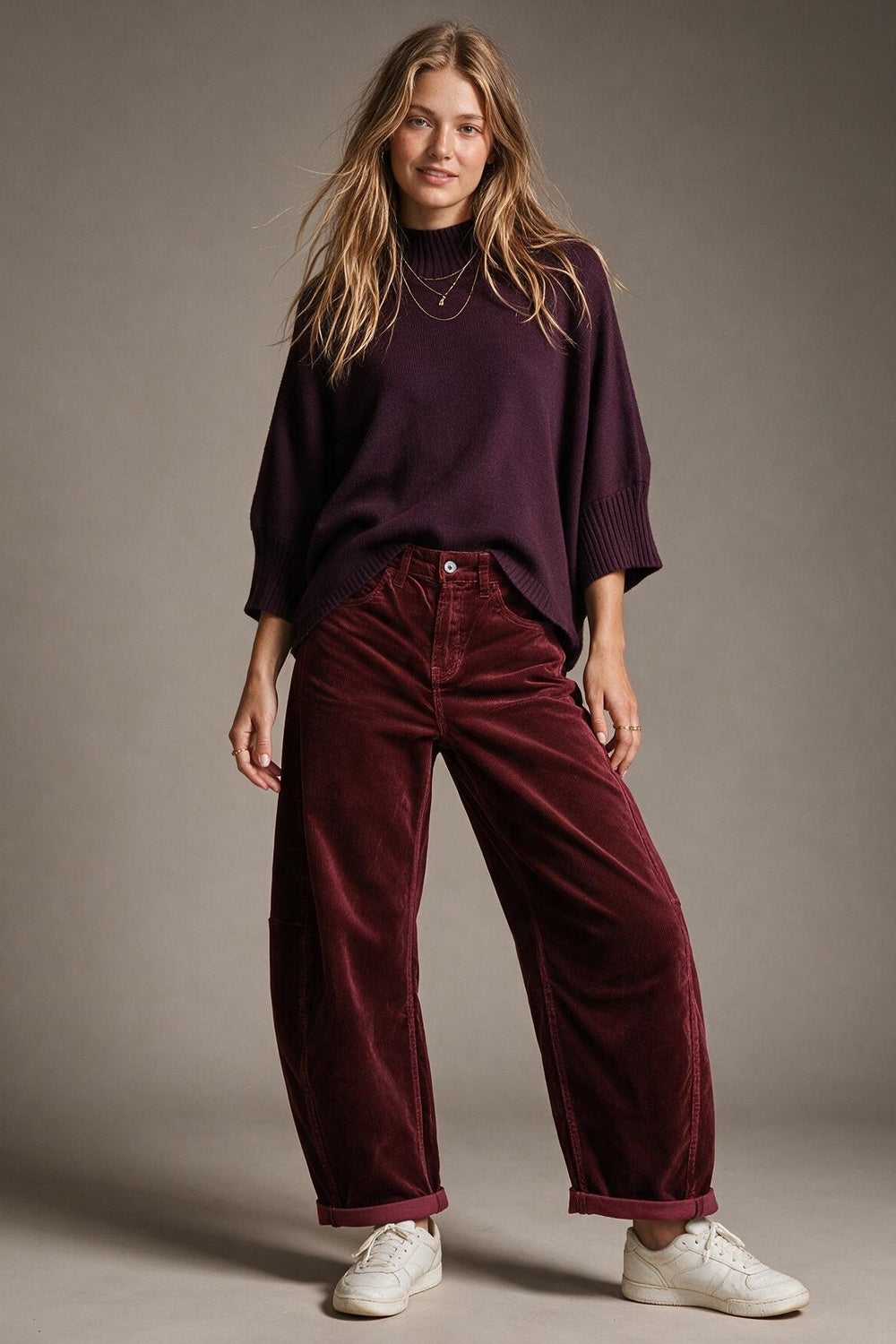 Corduroy High Rise wide Barrell leg Pants in burgundy - trousers