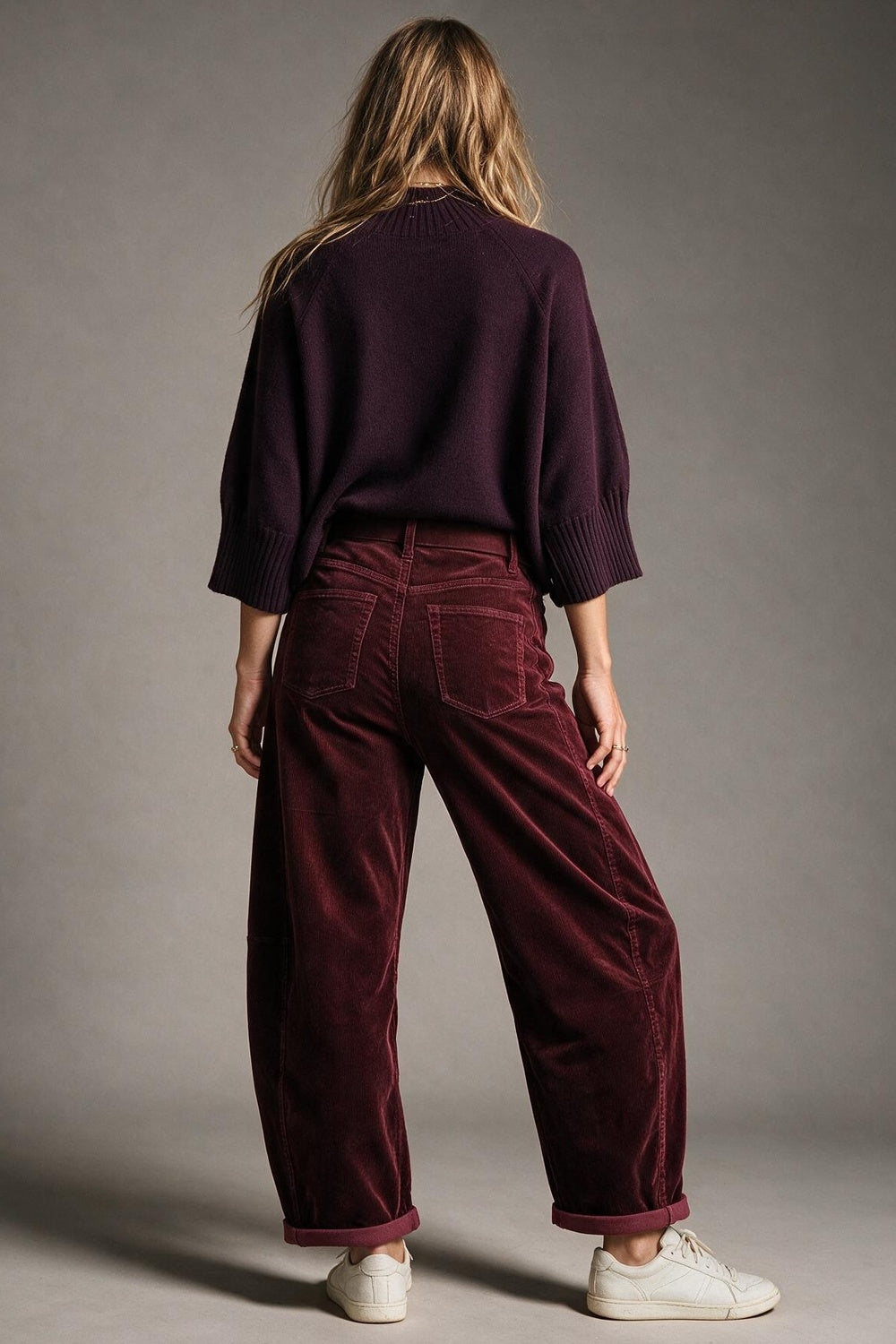 Corduroy High Rise wide Barrell leg Pants in burgundy - trousers