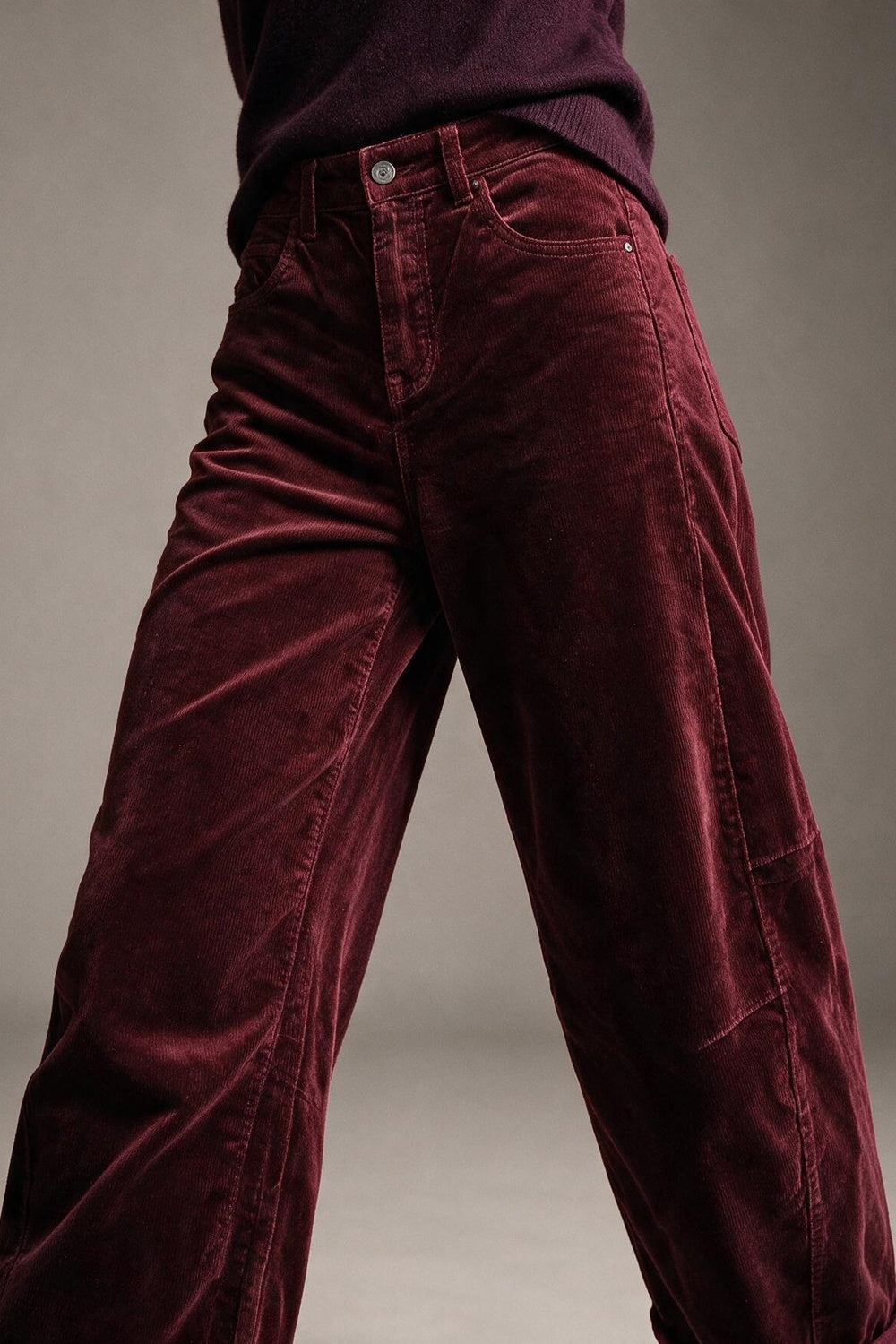 Corduroy High Rise wide Barrell leg Pants in burgundy - trousers