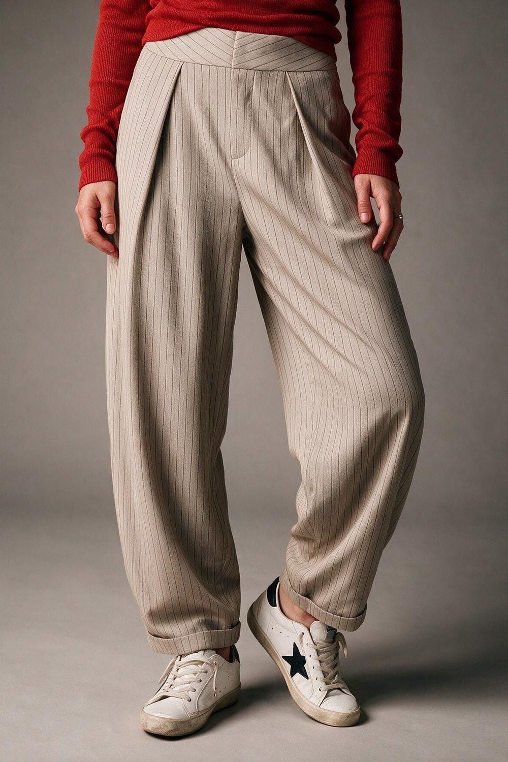 Beige Pinstripe Lightweight Woven High Waist Pleated Pants - trousers