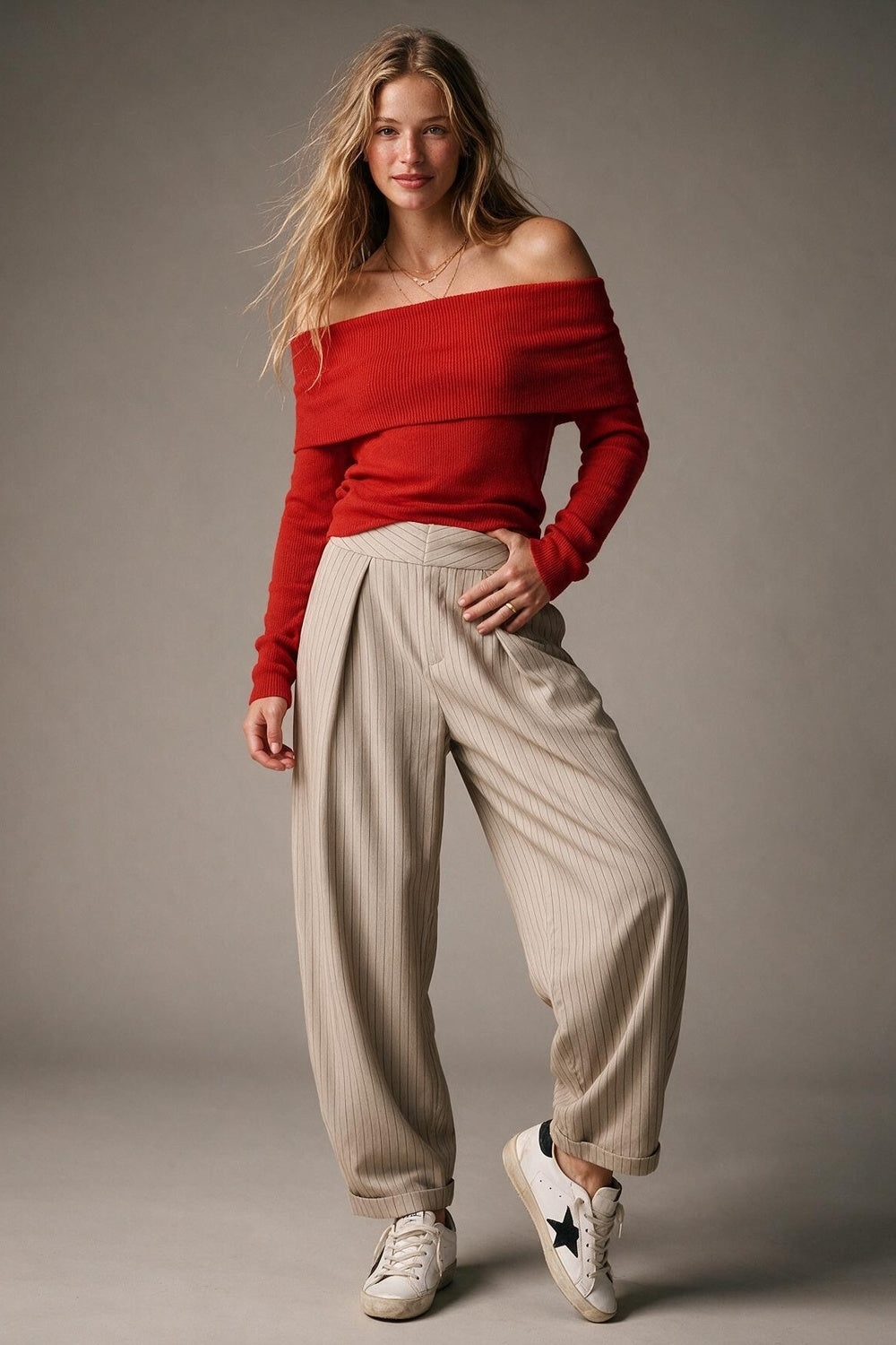 Beige Pinstripe Lightweight Woven High Waist Pleated Pants - trousers