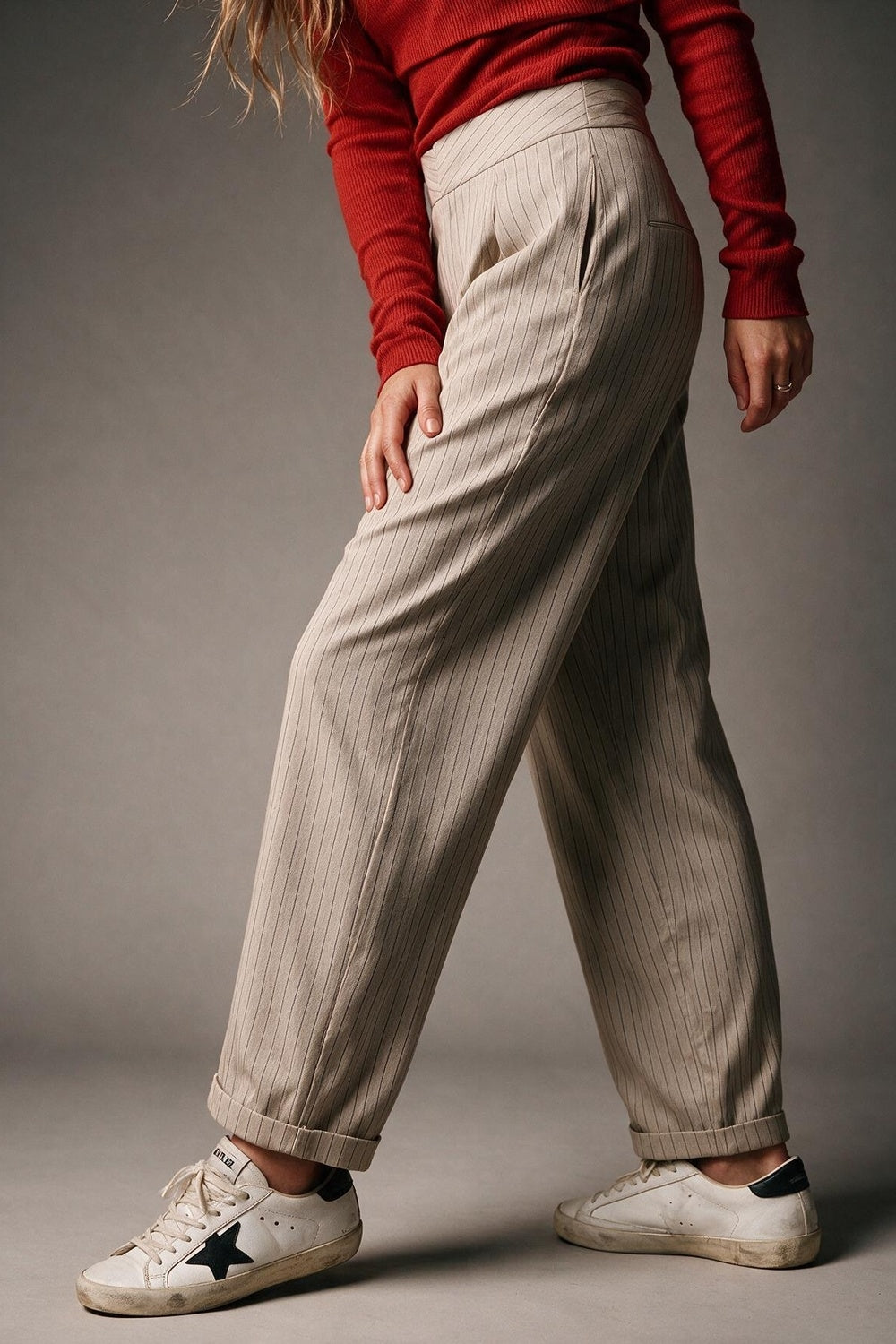 Beige Pinstripe Lightweight Woven High Waist Pleated Pants - trousers