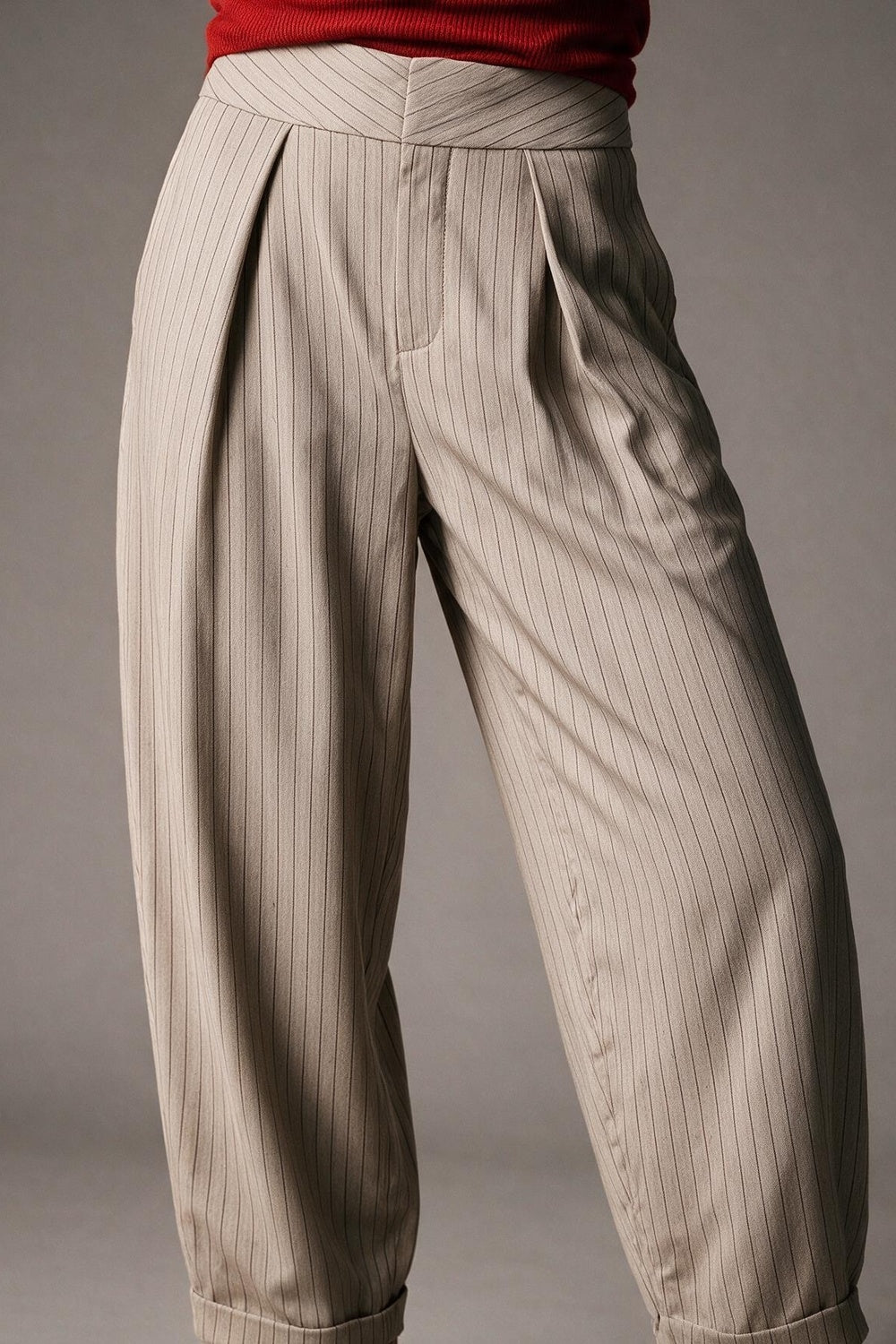 Beige Pinstripe Lightweight Woven High Waist Pleated Pants - trousers
