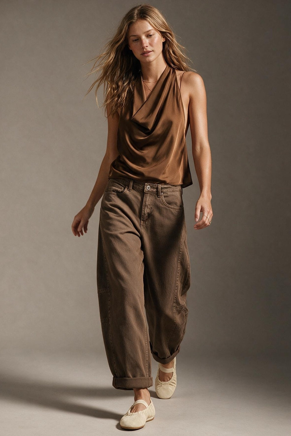 Brown Satin Draped Halter Neck Top - top
