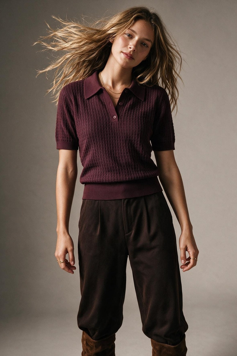 Waffle Knit Button-down Short Sleeve Polo in Burgundy - Polos