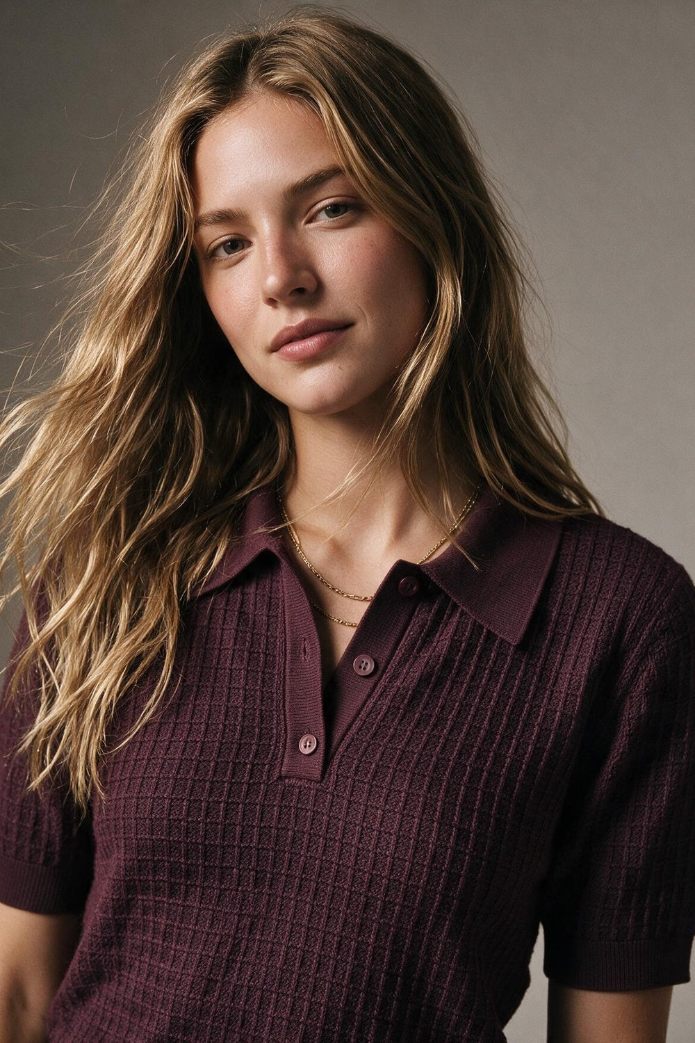 Waffle Knit Button-down Short Sleeve Polo in Burgundy - Polos