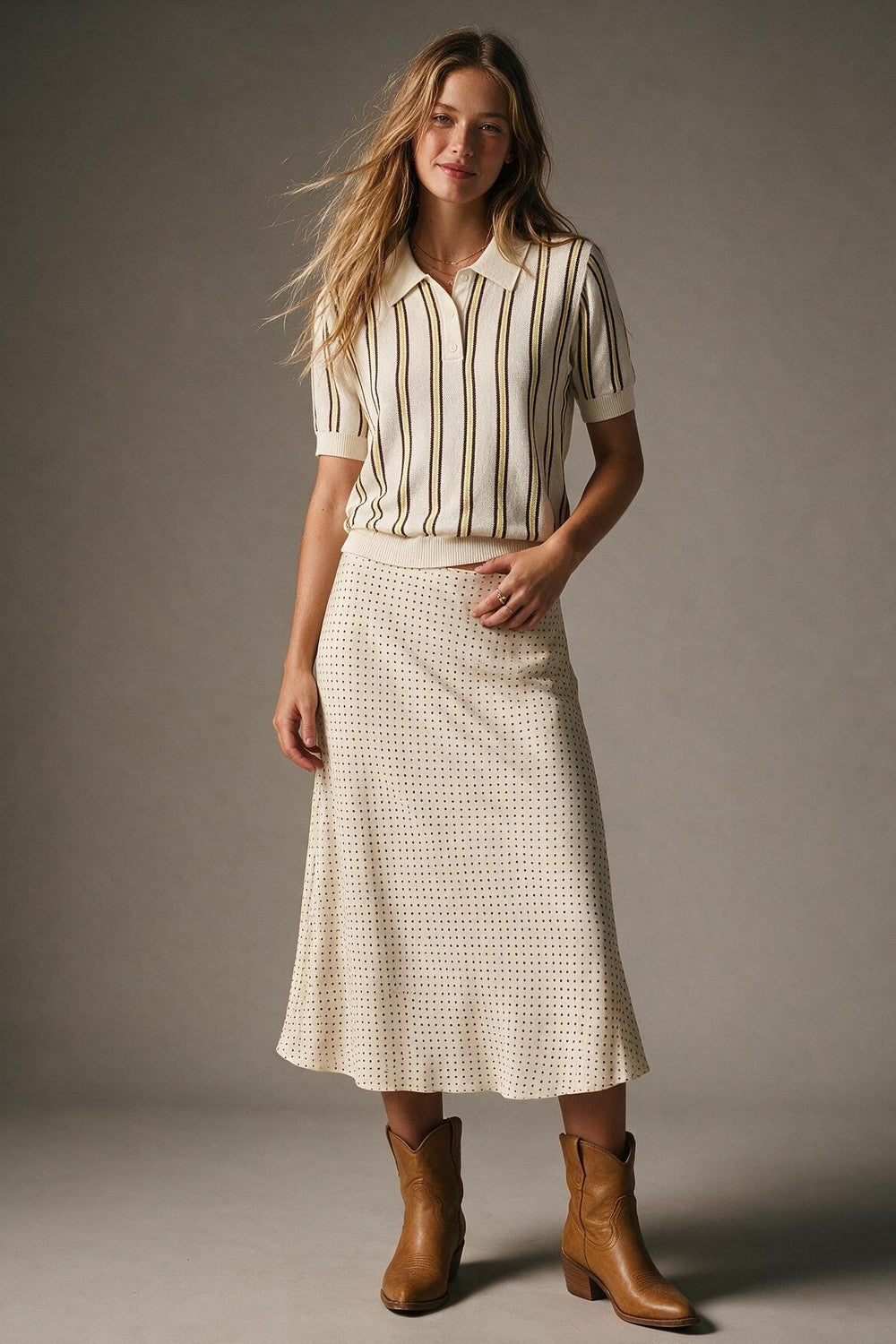 Cream Stripe Fine Knit Button-up Polo - Polos