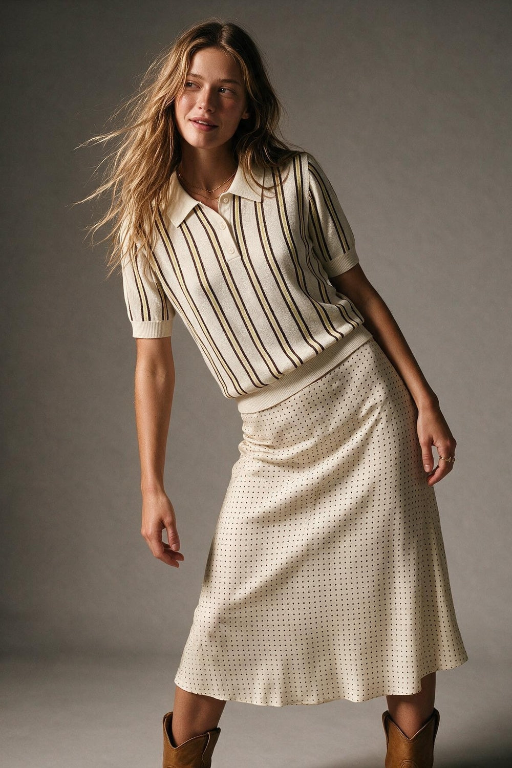 Cream Stripe Fine Knit Button-up Polo - Polos