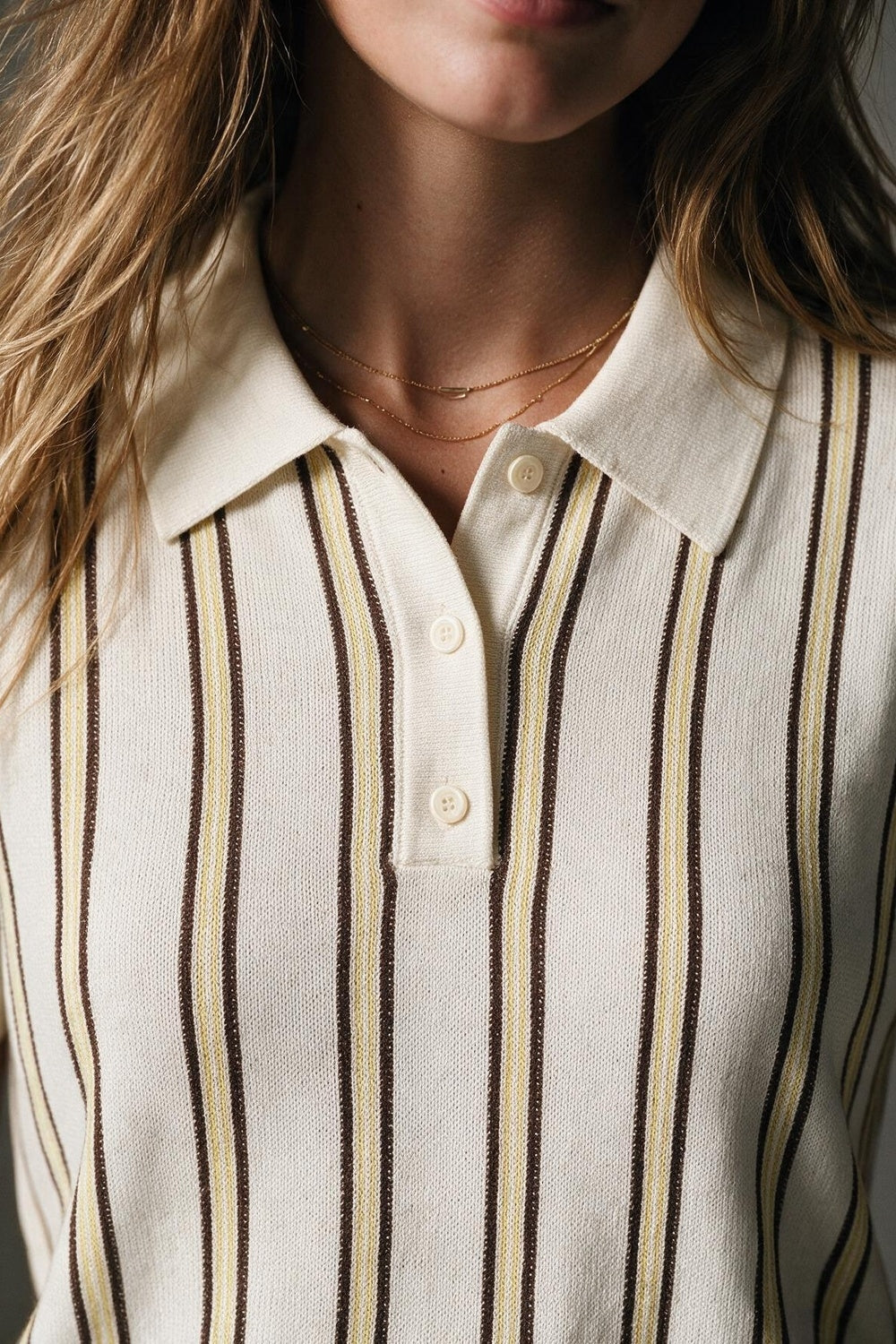Cream Stripe Fine Knit Button-up Polo - Polos