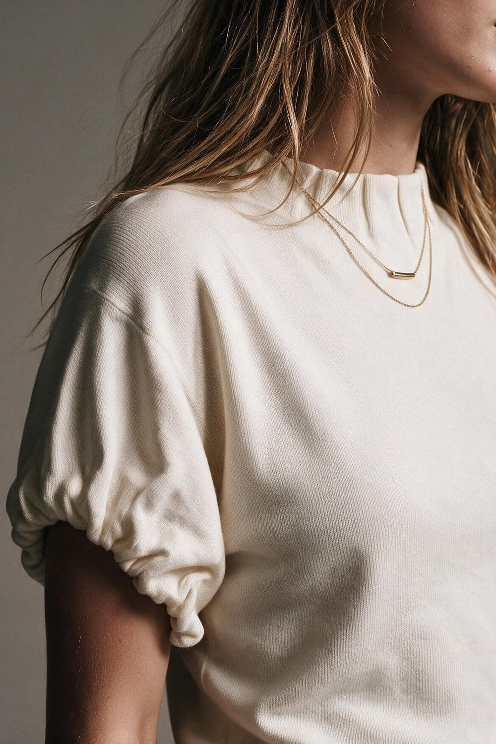 Cream Fine Knit Pleated Mock Neck Short Sleeve Sweater - jumper
