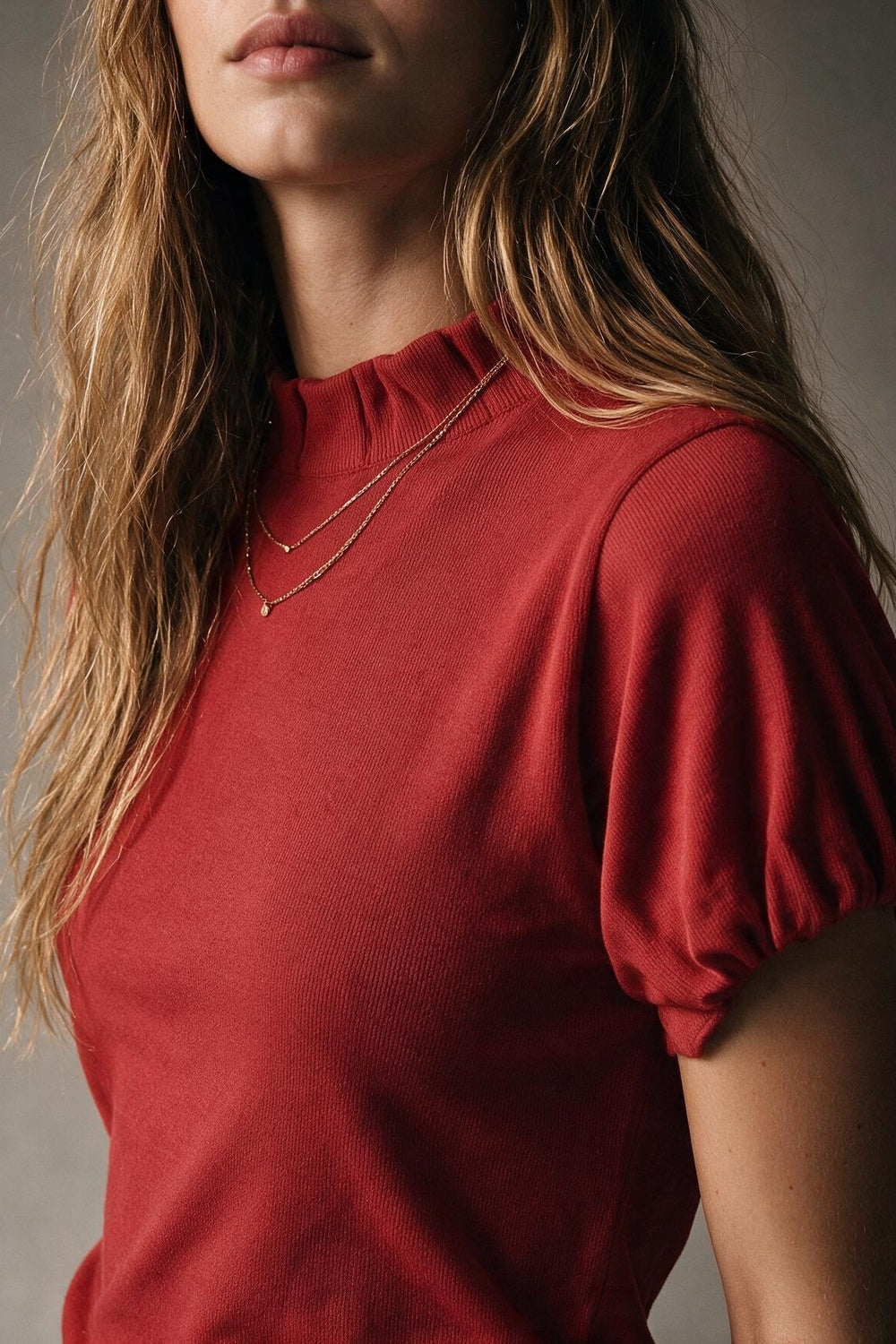 Red Fine Knit Pleated Mock Neck Short Sleeve Sweater - jumper