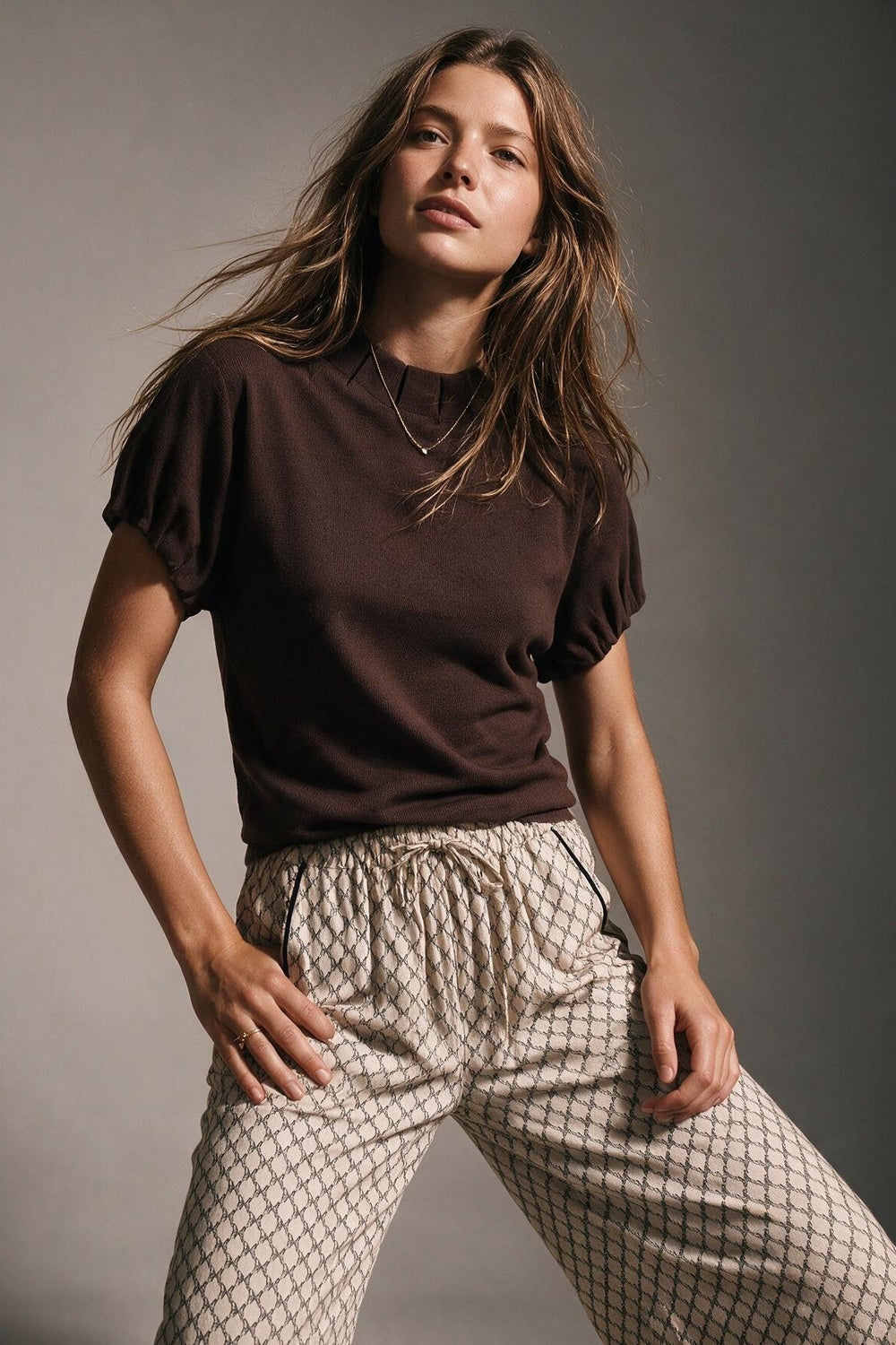 Brown Fine Knit Pleated Mock Neck Short Sleeve Sweater - jumper
