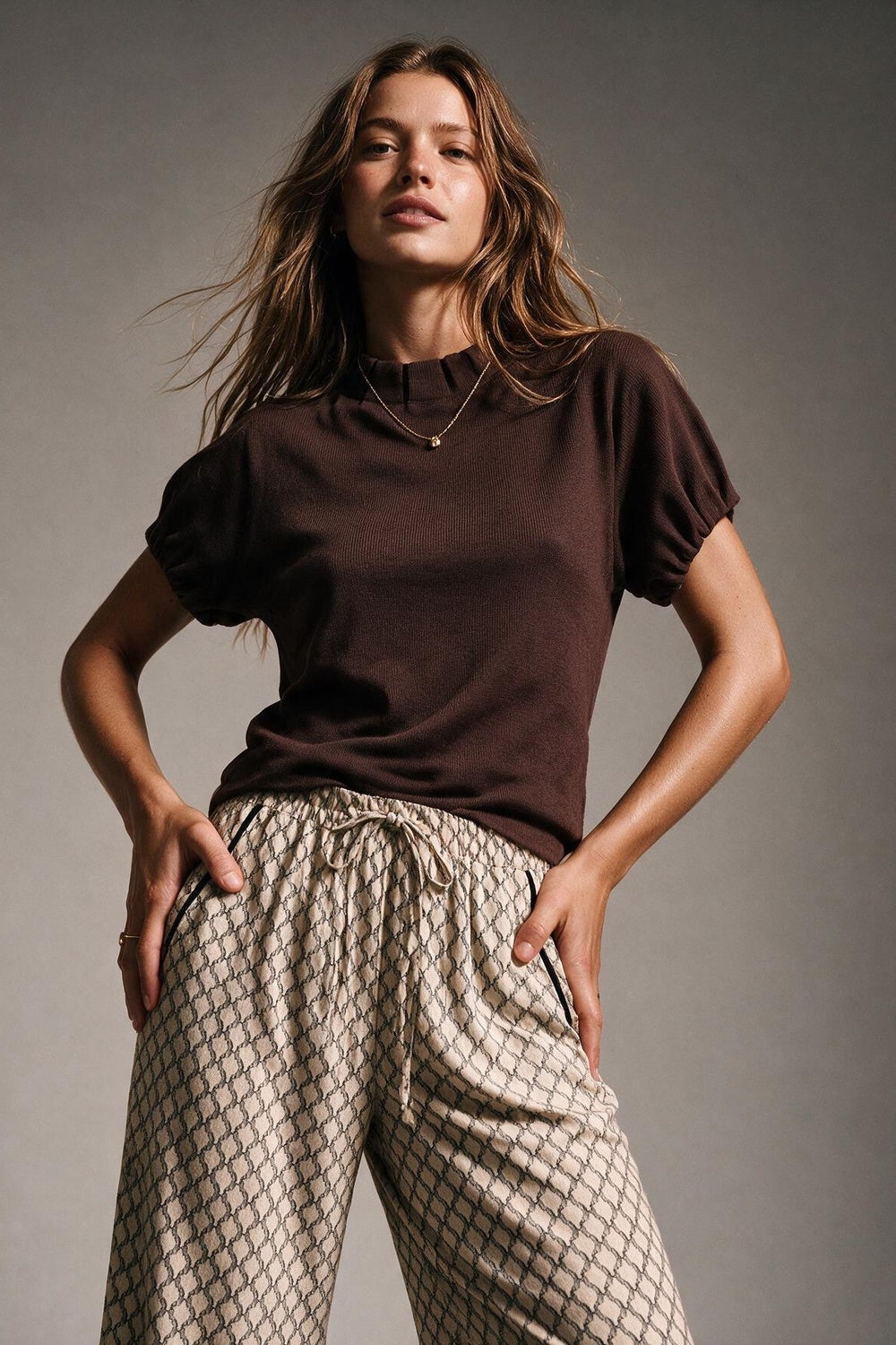 Brown Fine Knit Pleated Mock Neck Short Sleeve Sweater - jumper
