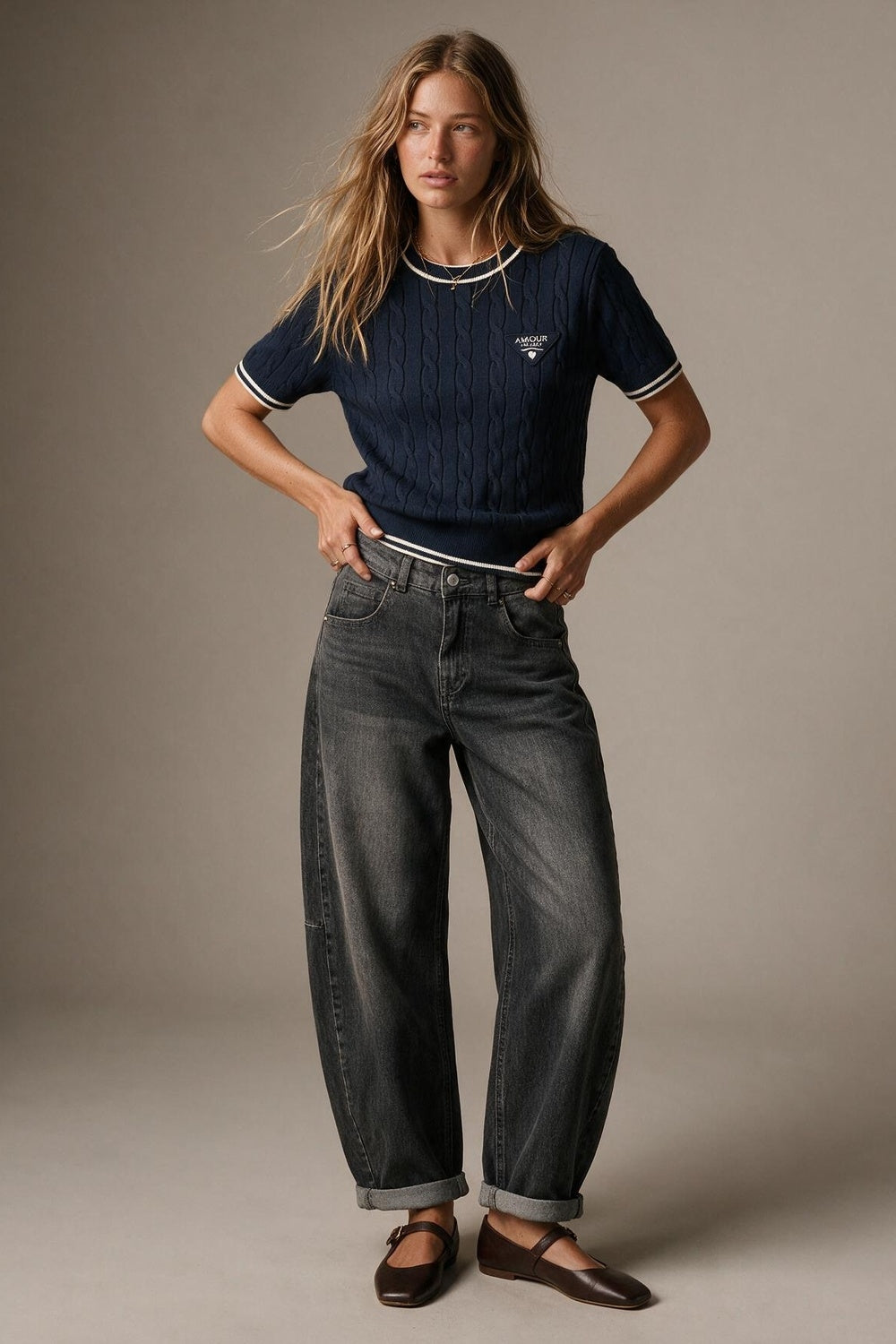 Navy Cable Knit Contrast Trim Short Sleeve Sweater Top - jumper