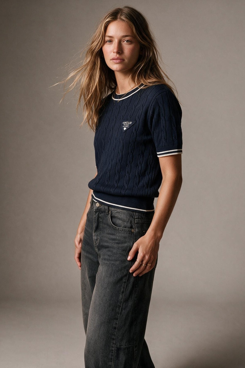 Navy Cable Knit Contrast Trim Short Sleeve Sweater Top - jumper