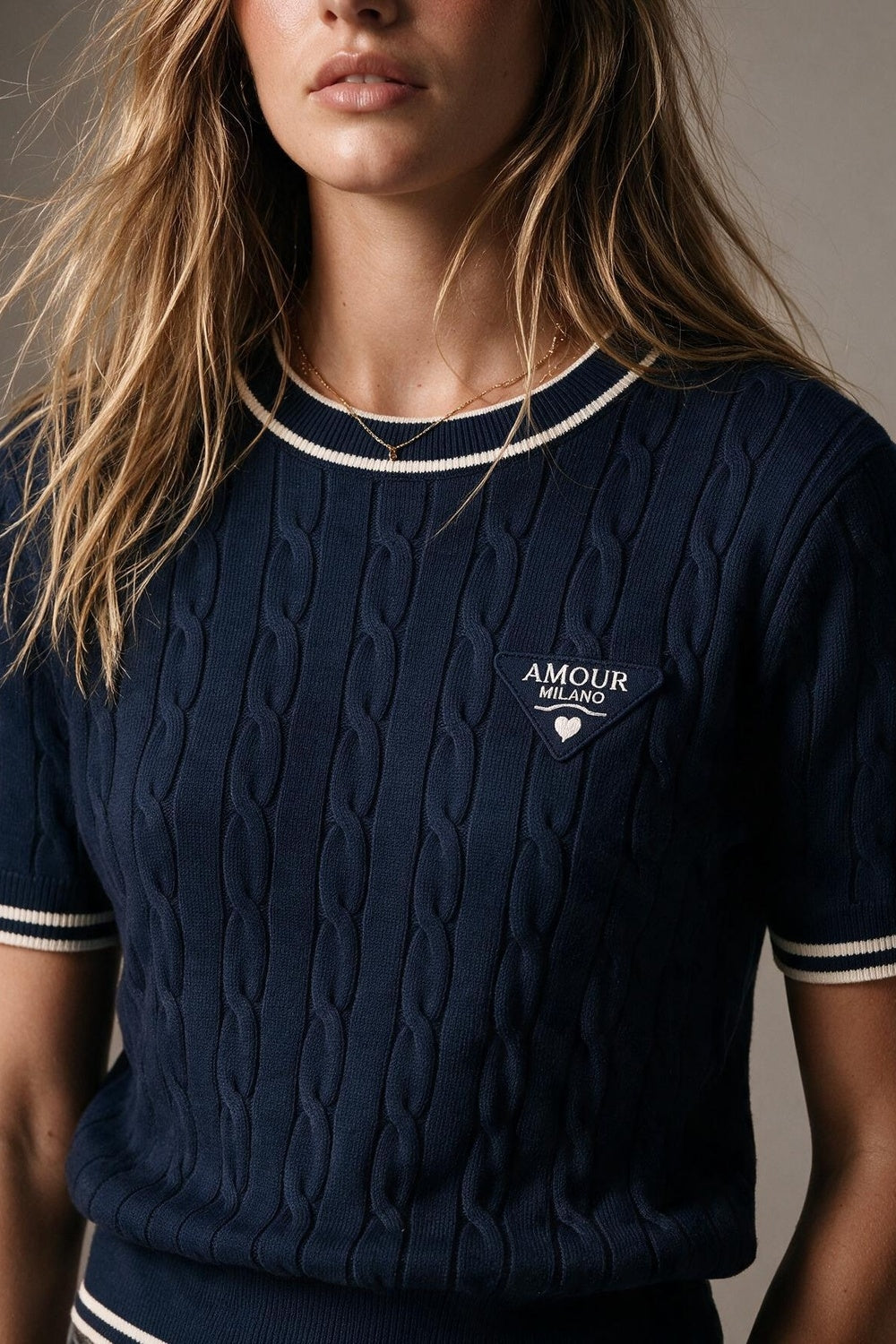 Navy Cable Knit Contrast Trim Short Sleeve Sweater Top - jumper