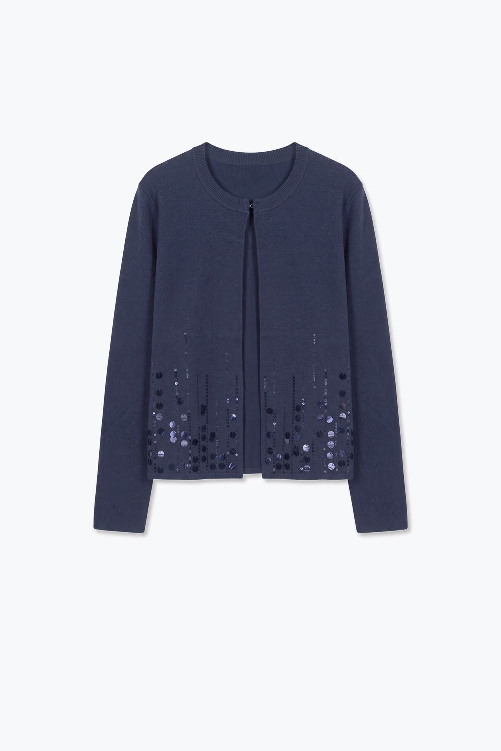 Navy Fine Knit Sequined Hem Crew Neck Cardigan