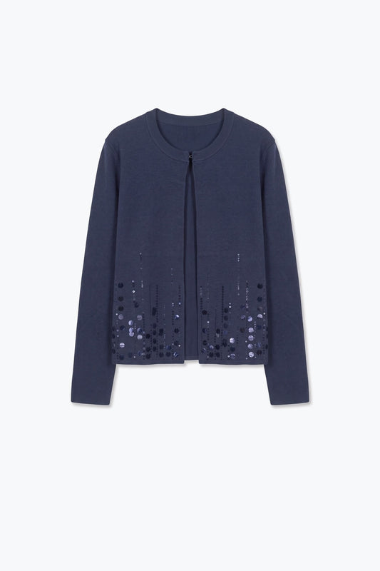 Navy Fine Knit Sequined Hem Crew Neck Cardigan - Cardigans