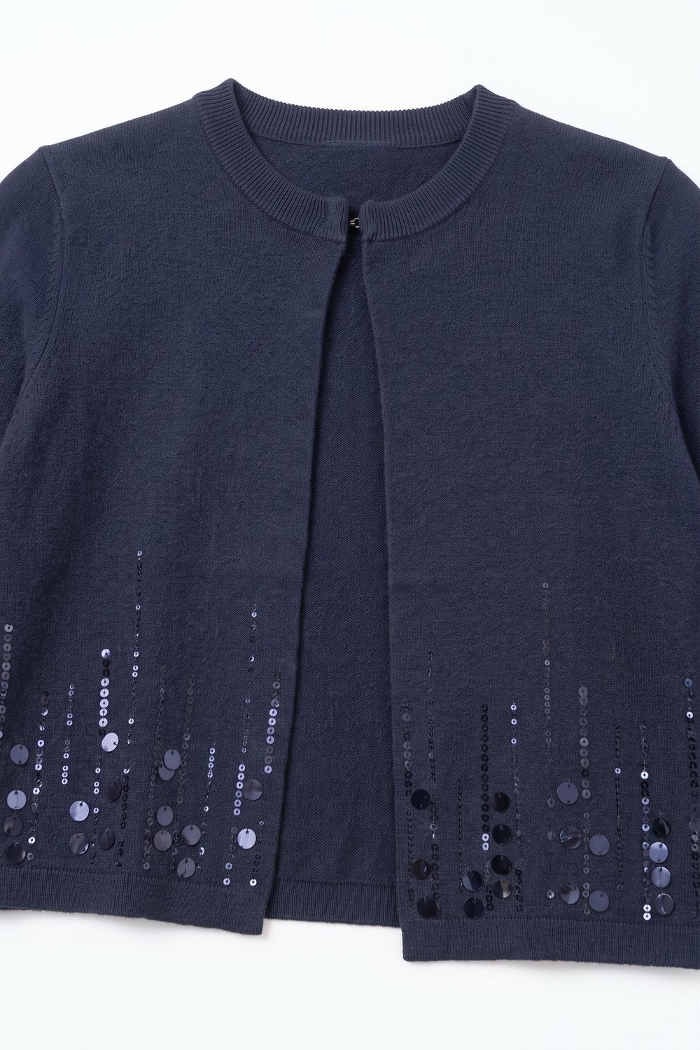 Navy Fine Knit Sequined Hem Crew Neck Cardigan - Cardigans