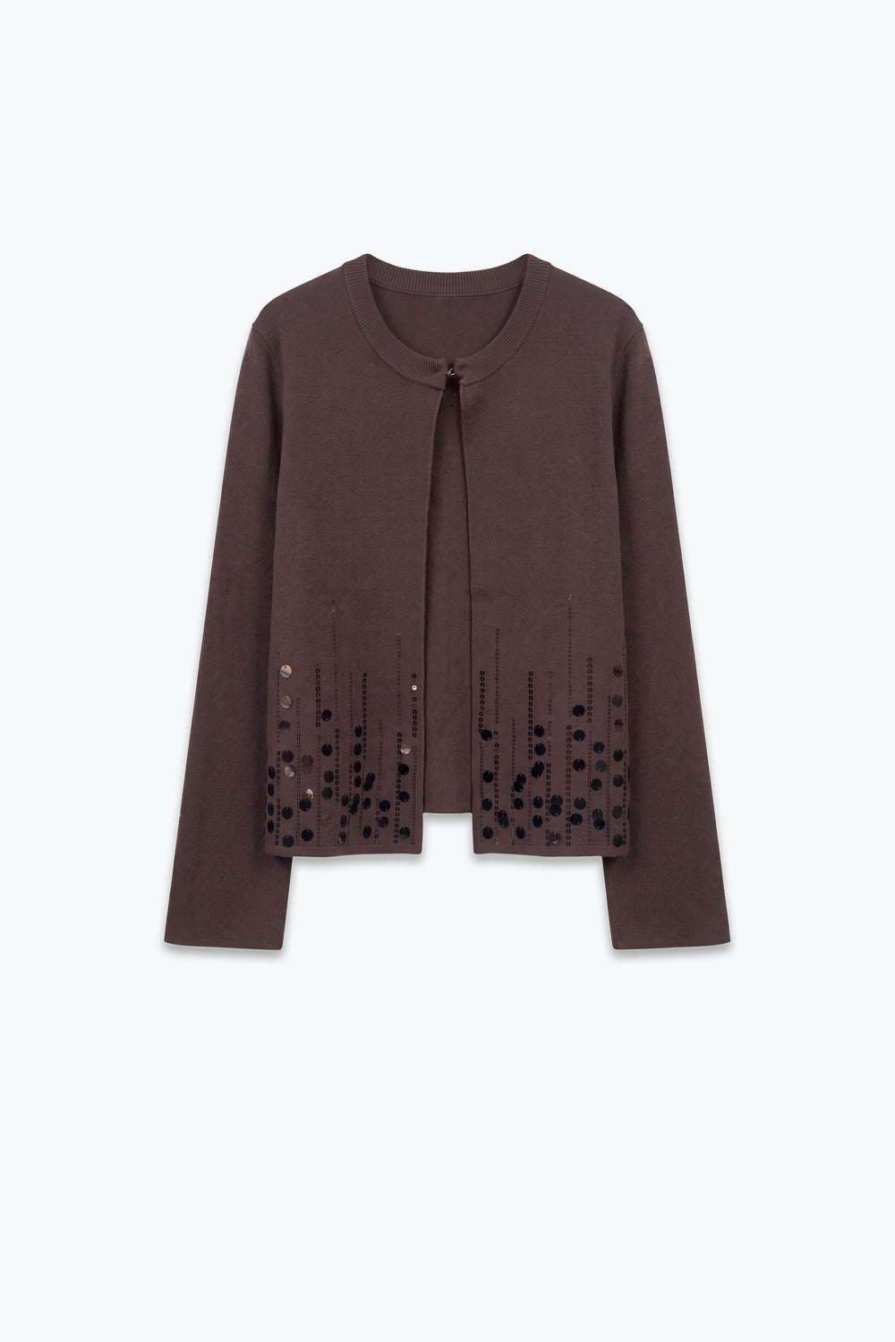 Brown Soft Knit Sequin Hem Hook Front Cardigan - Cardigans