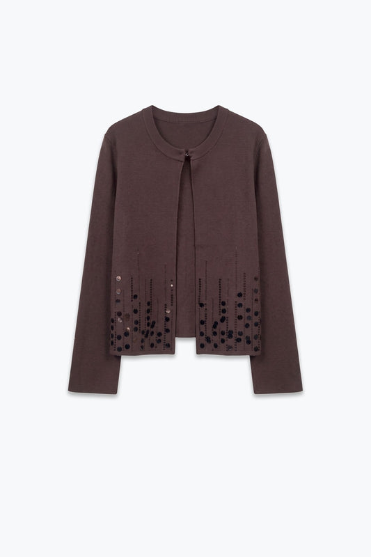 Brown Soft Knit Sequin Hem Hook Front Cardigan - Cardigans