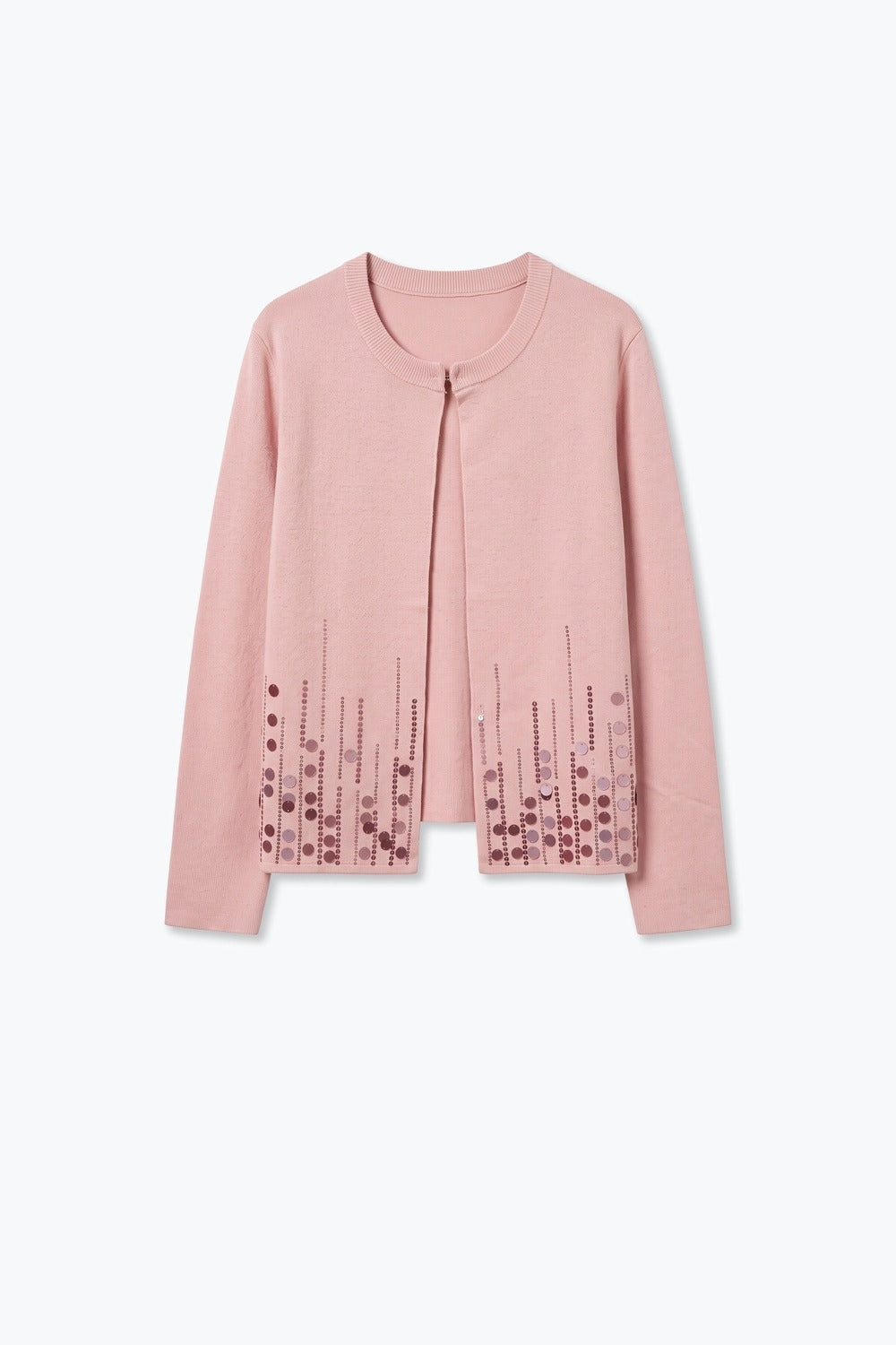 Light Pink Sequined Soft Knit Ribbed Trim Cardigan - Cardigans