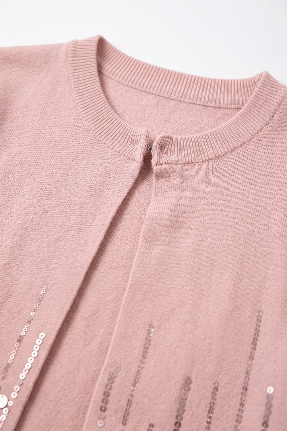 Light Pink Sequined Soft Knit Ribbed Trim Cardigan - Cardigans