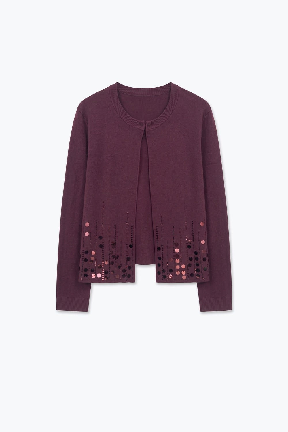 Wine Fine Knit Sequined Hem Open Front Cardigan - Cardigans
