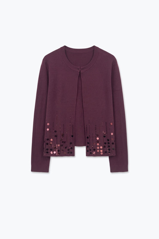 Wine Fine Knit Sequined Hem Open Front Cardigan - Cardigans