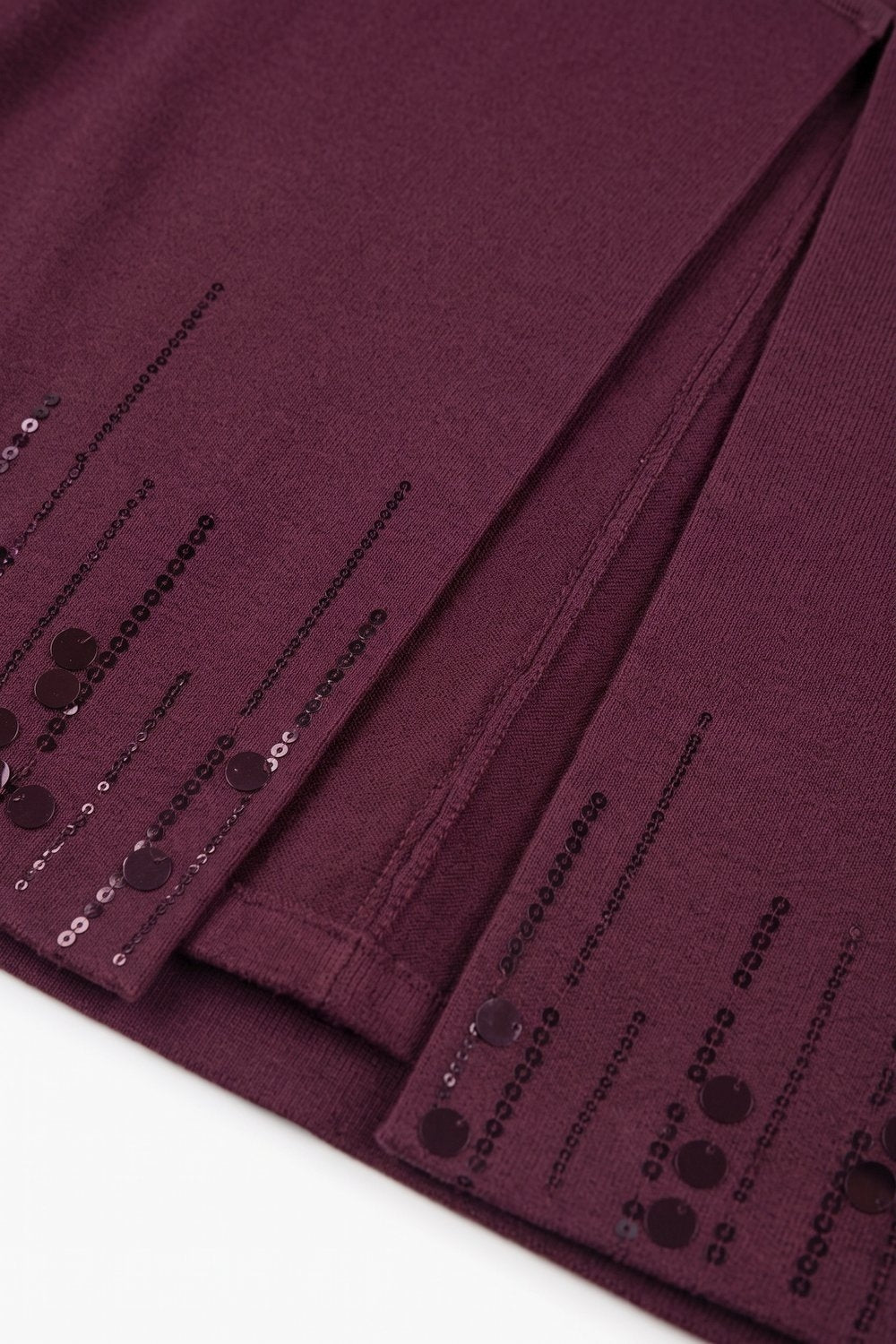 Wine Fine Knit Sequined Hem Open Front Cardigan - Cardigans