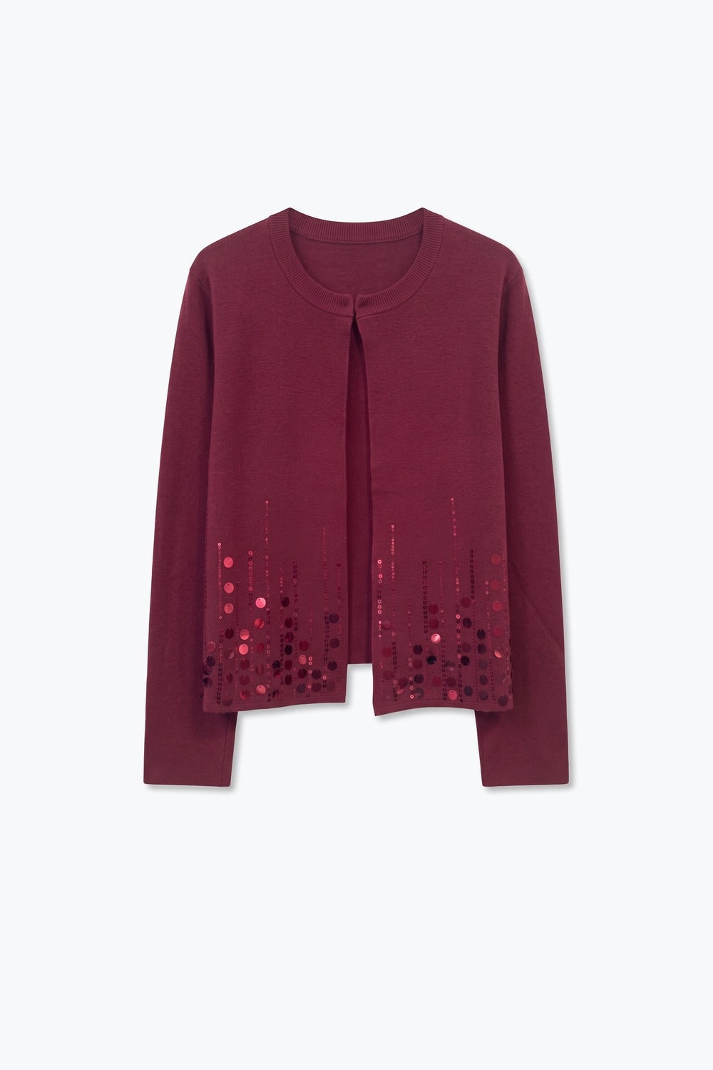 Burgundy Fine Knit Sequin Hem Open Front Cardigan