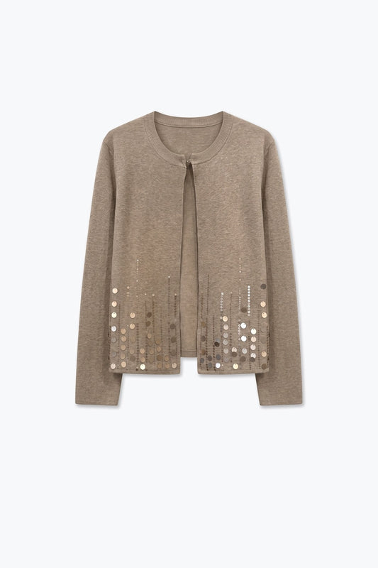 Beige Sequined Fine Knit Hook Front Long Sleeve Cardigan - Cardigans