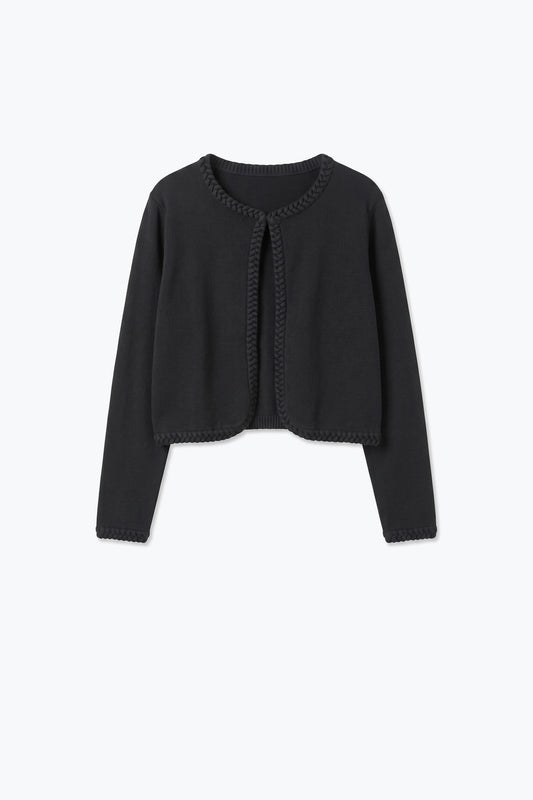 Black Fine Knit Braided Trim Cropped Cardigan - Cardigans
