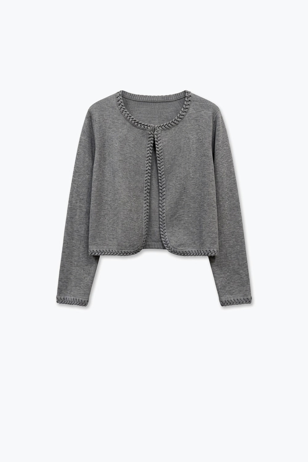 Grey Fine Knit Braided Trim Cropped Open Cardigan - Cardigans