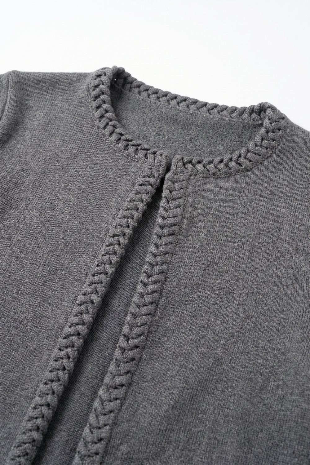 Grey Fine Knit Braided Trim Cropped Open Cardigan - Cardigans