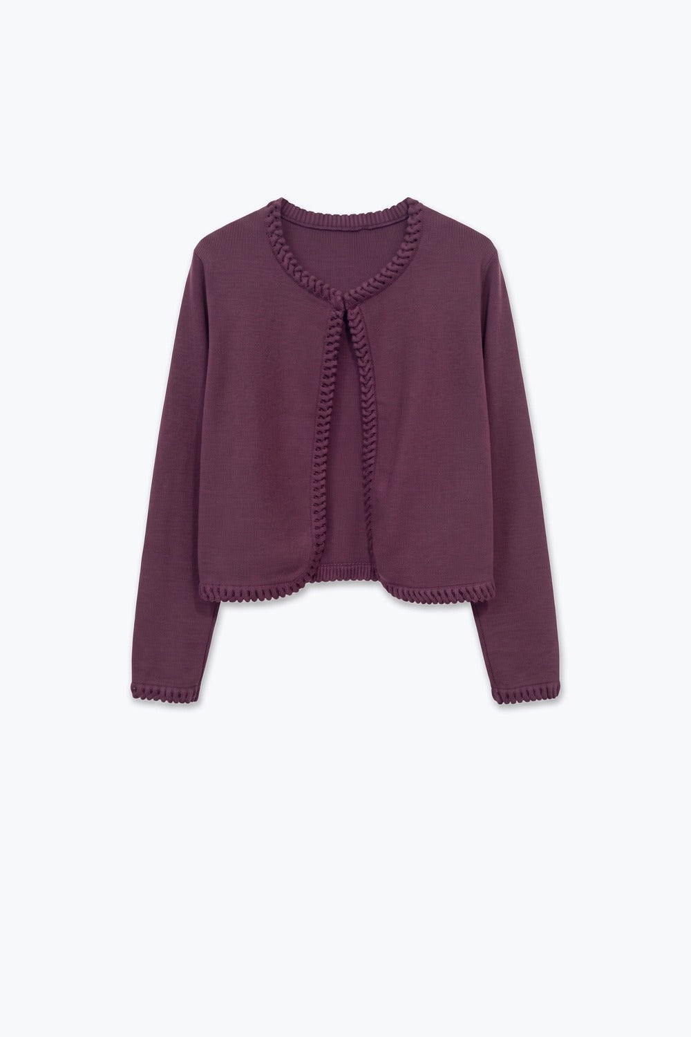 Burgundy Fine Knit Braided Trim Cardigan - Cardigans