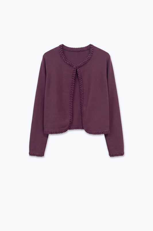 Burgundy Fine Knit Braided Trim Cardigan - Cardigans