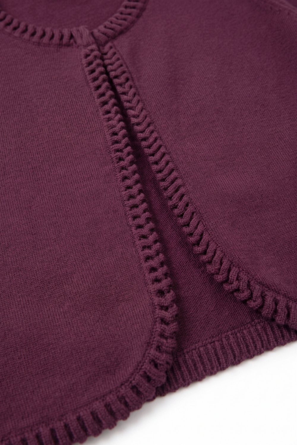 Burgundy Fine Knit Braided Trim Cardigan - Cardigans