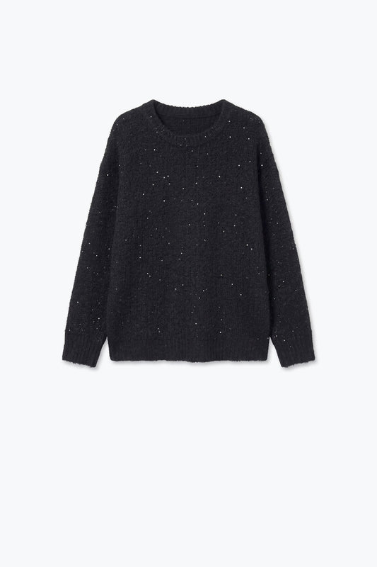 Black Brushed Knit Sequin Embellished Crew Neck Sweater - Jumpers
