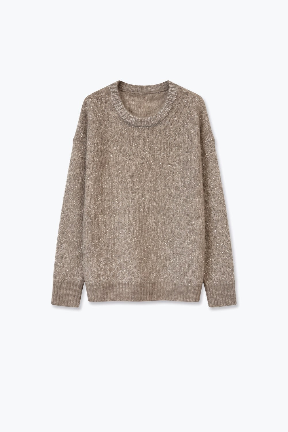 Beige Sequin Embellished Soft Knit Ribbed Crew Neck Sweater - Jumpers