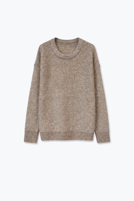 Beige Sequin Embellished Soft Knit Ribbed Crew Neck Sweater - Jumpers