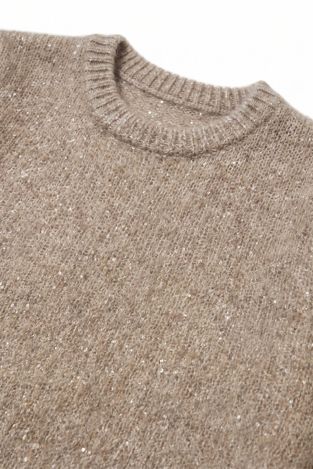 Beige Sequin Embellished Soft Knit Ribbed Crew Neck Sweater - Jumpers