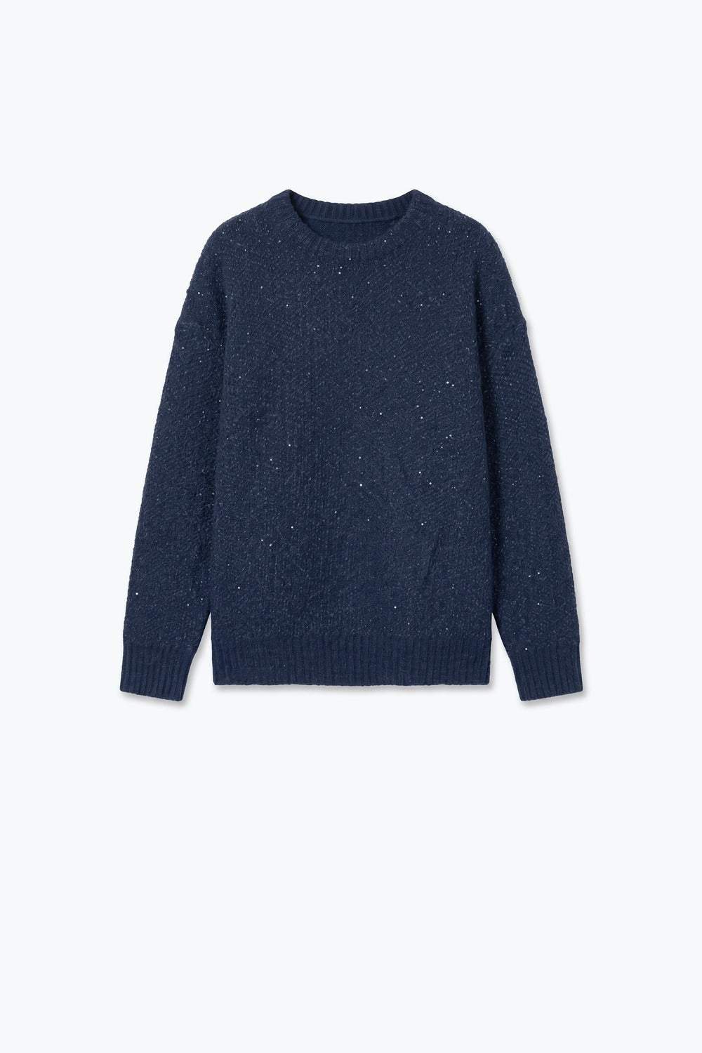 Navy Sequined Soft Knit Crew Neck Ribbed Trim Sweater - Jumpers