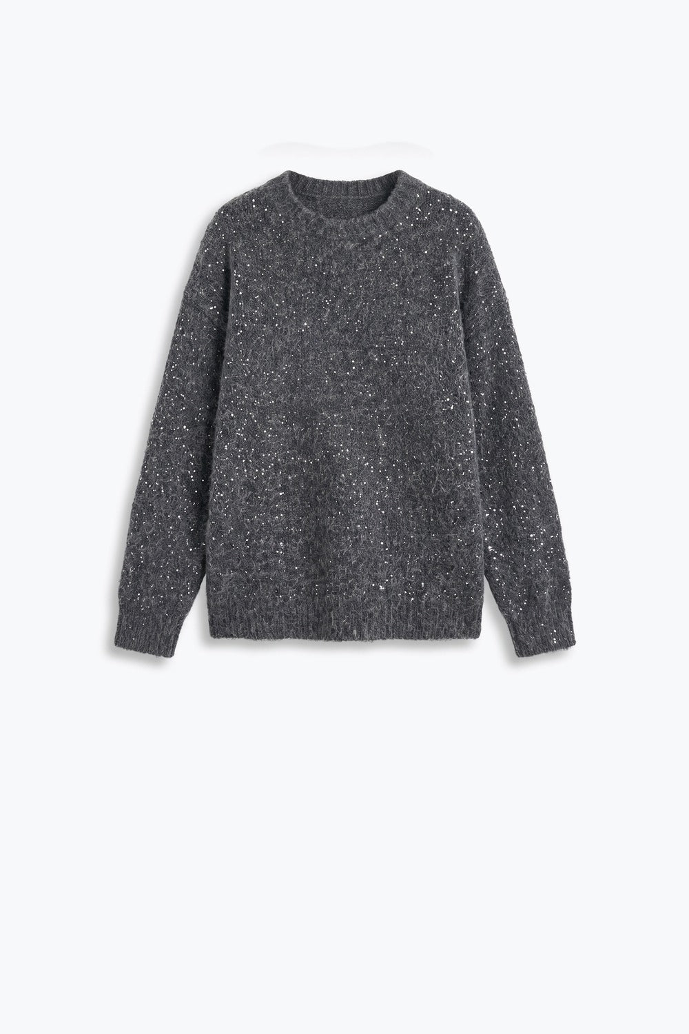 Grey Brushed Knit Sequin Crew Neck Sweater - Jumpers