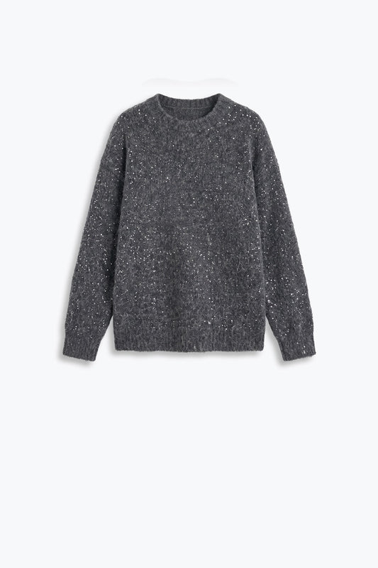 Grey Brushed Knit Sequin Crew Neck Sweater - Jumpers