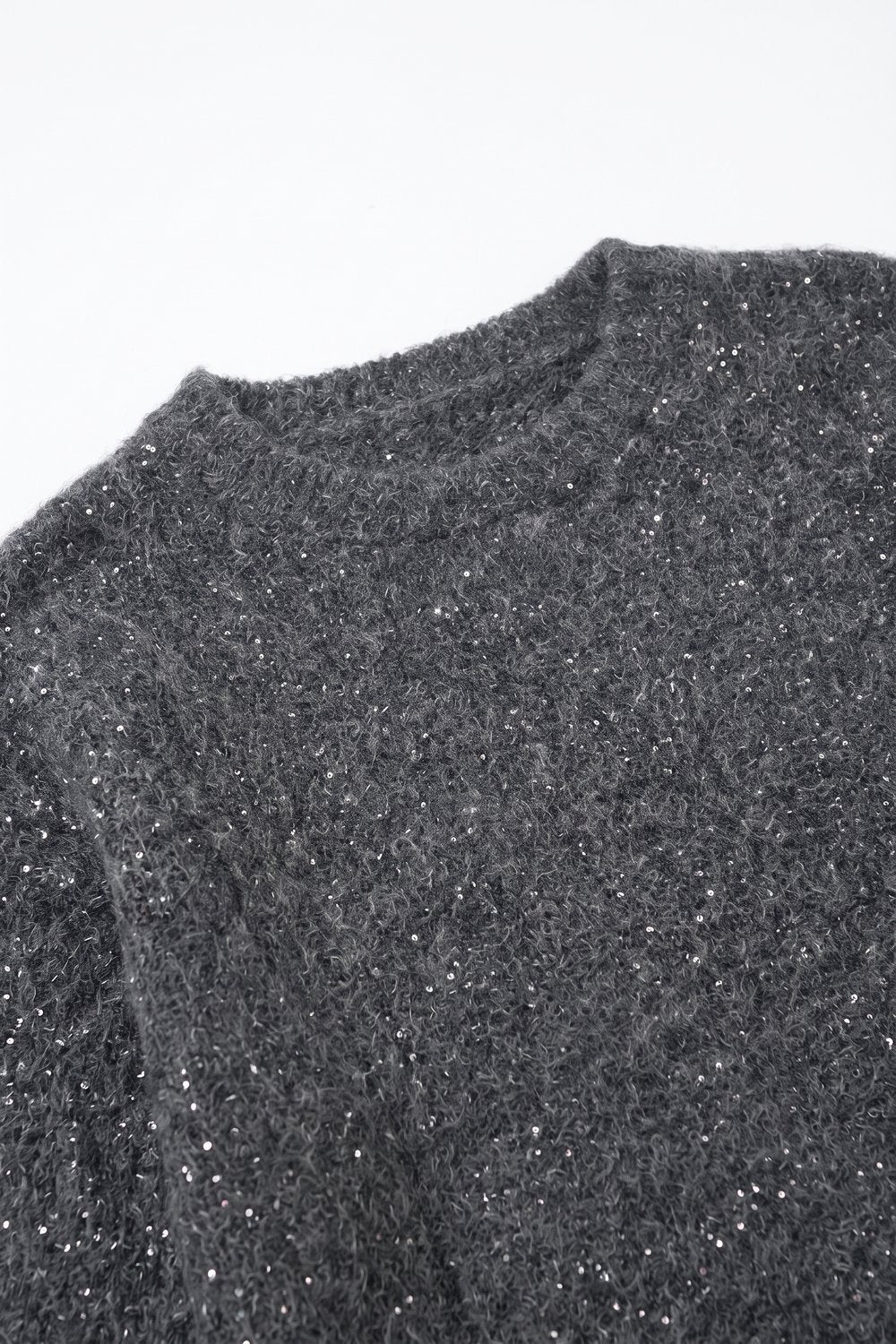 Grey Brushed Knit Sequin Crew Neck Sweater - Jumpers